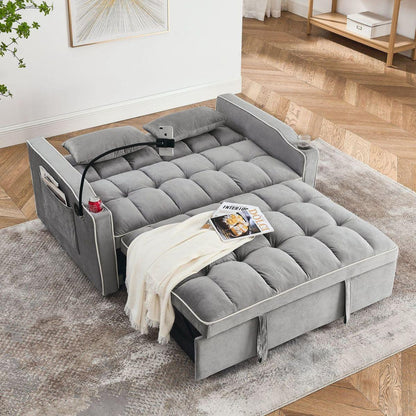 55.51 inch versatile foldable sofa bed in 3 lengths, modern sofa sofa sofa velvet pull-out bed, adjustable back and with USB port and ashtray and swivel phone stand (Grey)