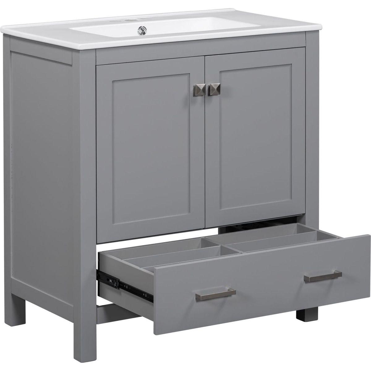 30" Gray Bathroom Vanity with Single Sink, Combo Cabinet Undermount Sink, Bathroom Storage Cabinet with 2 Doors and a Drawer, Soft Closing, Multifunctional Storage, Solid Wood Frame