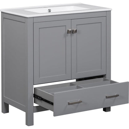 30" Gray Bathroom Vanity with Single Sink, Combo Cabinet Undermount Sink, Bathroom Storage Cabinet with 2 Doors and a Drawer, Soft Closing, Multifunctional Storage, Solid Wood Frame