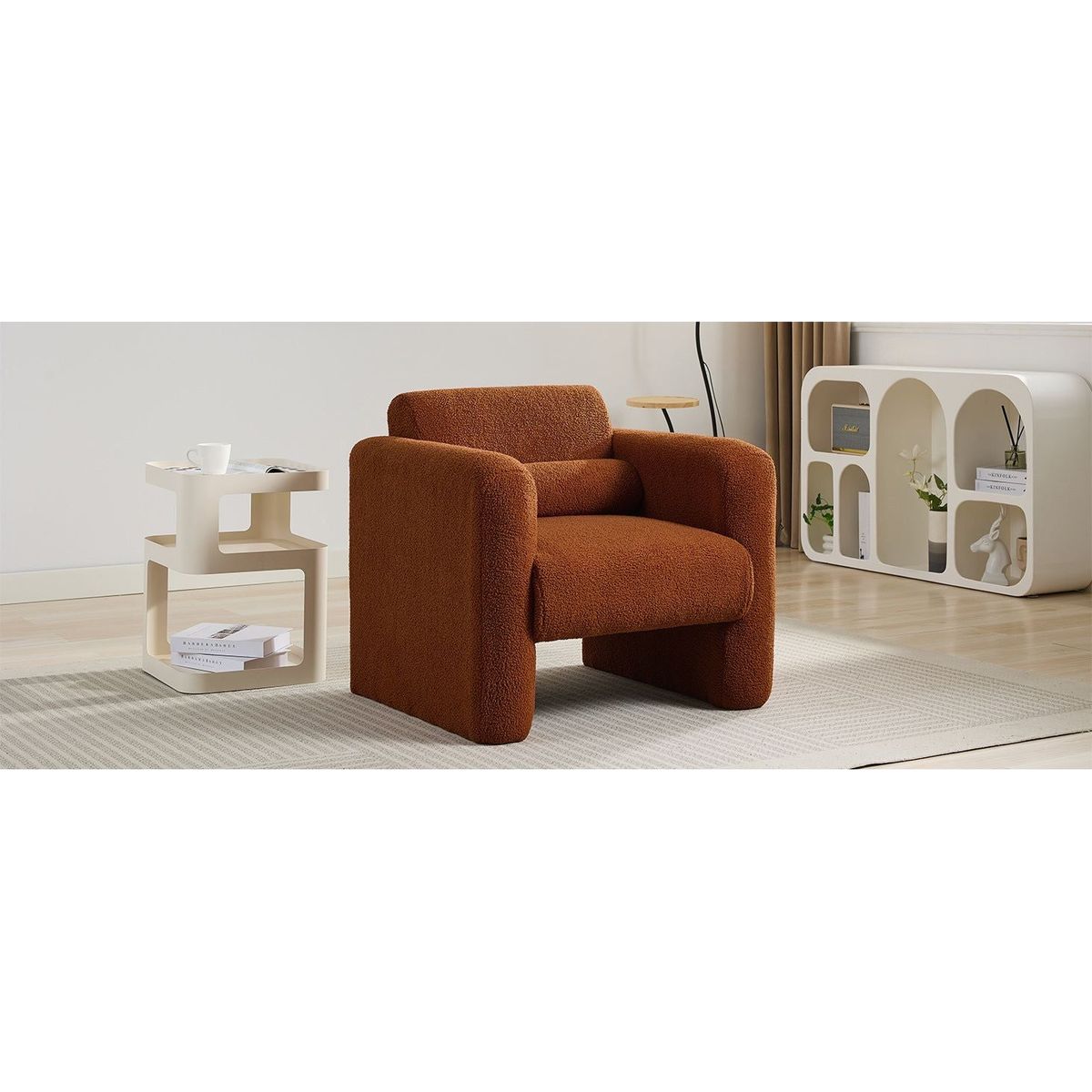 Modern Accent Chair Lambskin Sherpa Fabric Upholstered Comfy Reading Arm Chair Soft Padded Armchair with Back and Pillow for Living Room Bedroom Reception Waiting Room Office,Burnt Orange