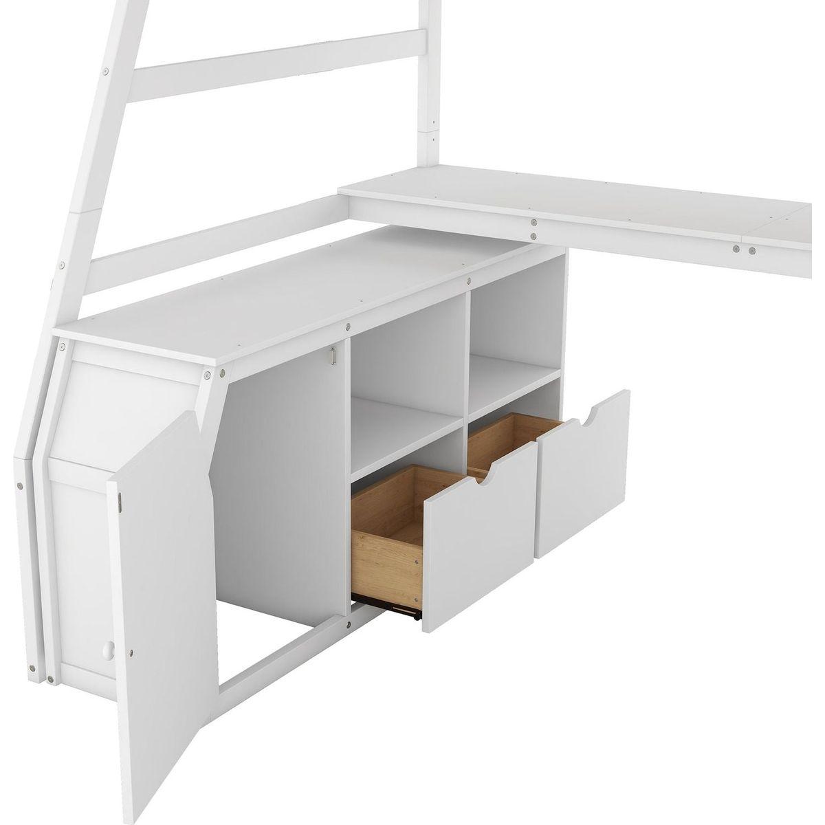 Twin Size Loft Bed with 7 Drawers 2 Shelves and Desk - White