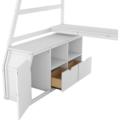 Twin Size Loft Bed with 7 Drawers 2 Shelves and Desk - White