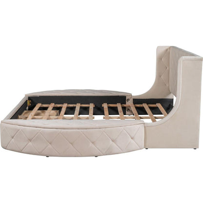 Upholstered Platform Bed Queen Size Storage Velvet Bed with Wingback Headboard and 1 Big Drawer,2 Side Storage Stool(Beige)