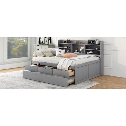 Full Size Wooden Captain Bed with Built-in Bookshelves,Three Storage Drawers and Trundle,Light Grey
