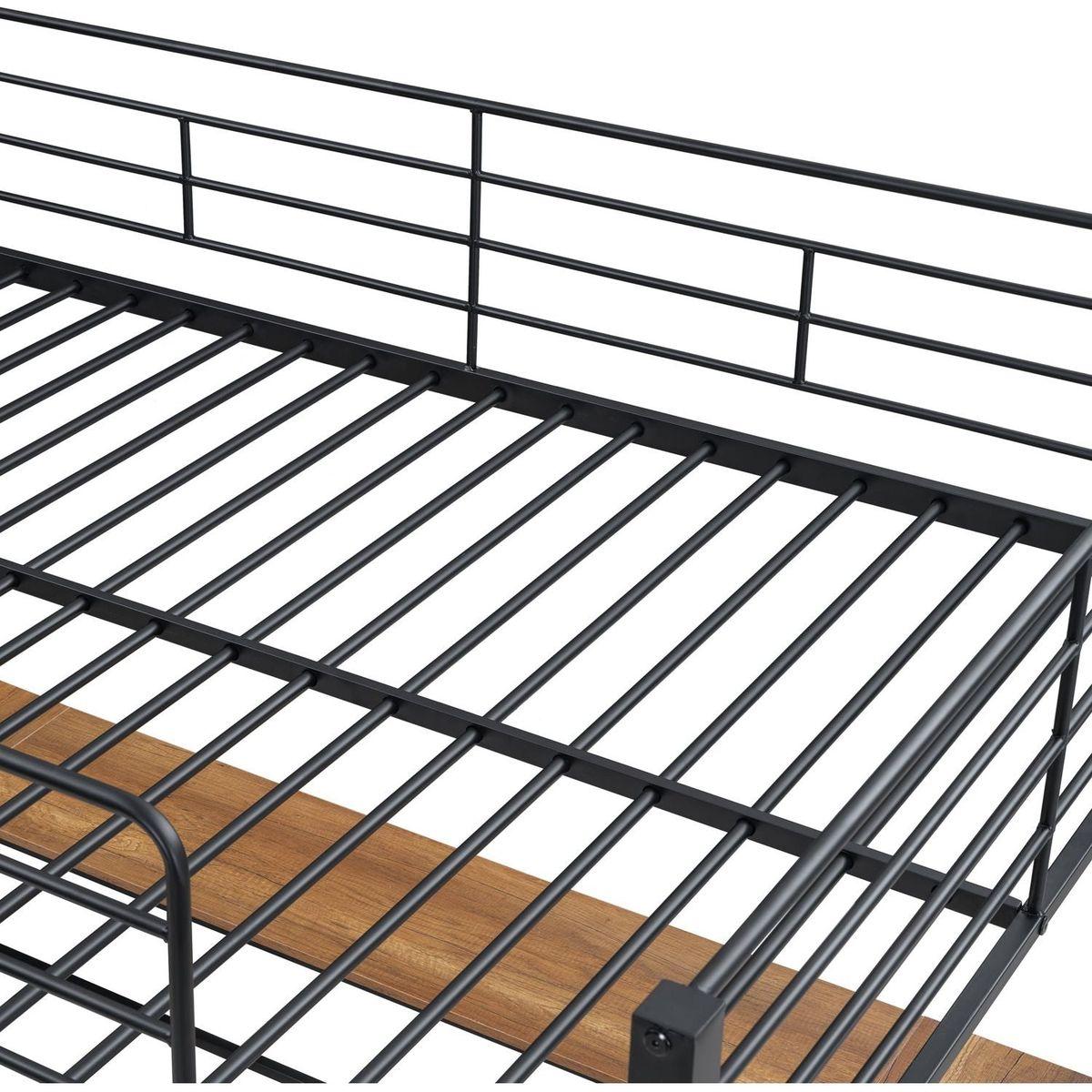 Full Size Metal Loft Bed with 3 Layers of Shelves and L-shaped Desk, Black