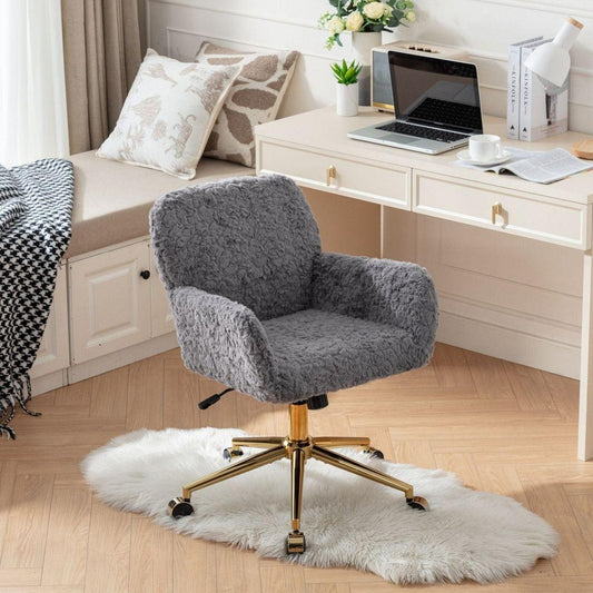 Office Chair,Artificial rabbit hair Home Office Chair with Golden Metal Base,Adjustable Desk Chair Swivel Office Chair,Vanity Chair(Gray)
