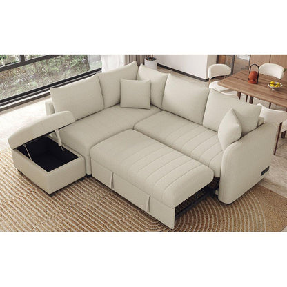 82.6" L-shaped Sectional Pull Out Sofa Bed Sleeper Sofa with Two USB Ports, Two Power Sockets and a Movable Storage Ottoman, Beige