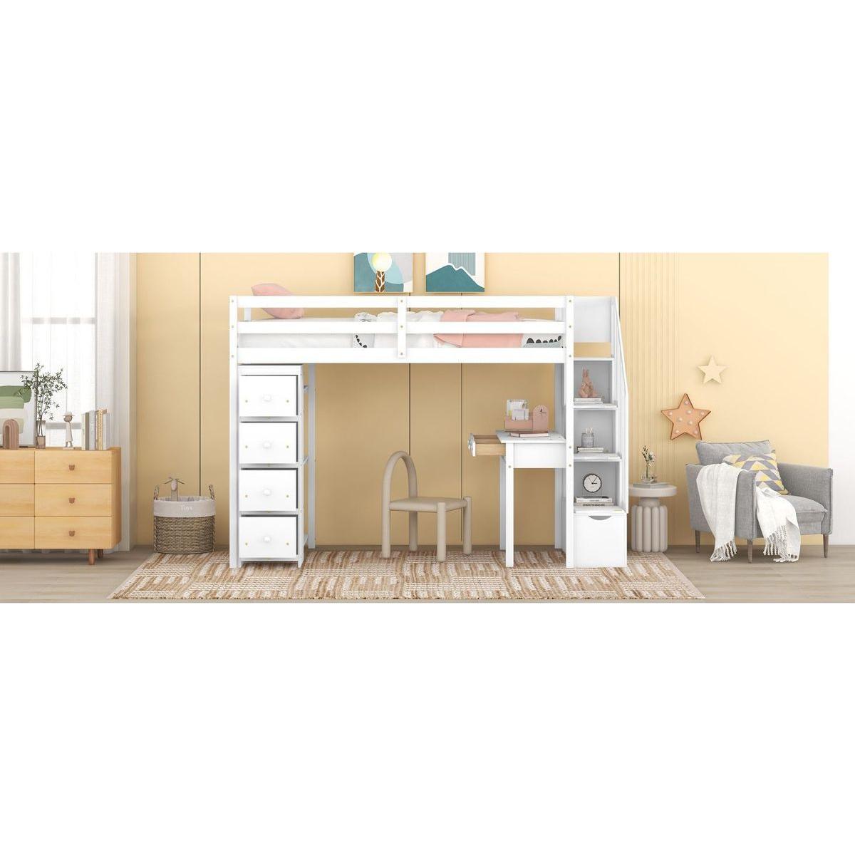 Twin size Loft Bed with Storage Drawers, Desk and Stairs, Wooden Loft Bed with Shelves - White