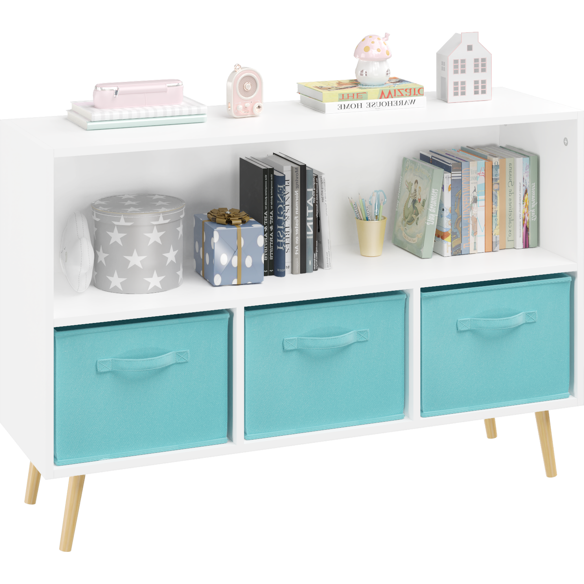 Kids bookcase with Collapsible Fabric Drawers, Children's Book Display, Toy Storage Cabinet Organizer, White/Blue