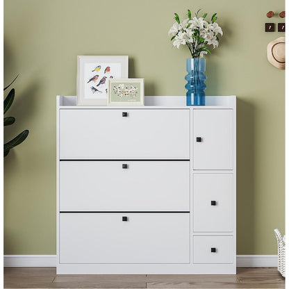 Versatile Shoe Cabinet with 3 Flip Drawers, Maximum Storage Entryway Organizer with Drawer, Free Standing Shoe Rack with Pull-down Seat for Hallway, White