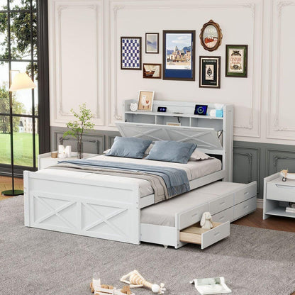 Full Size Wooden Bed with Storage Headboard with Outlets, Extendable Bed with Twin Size Trundle with Three Storage Drawers,White