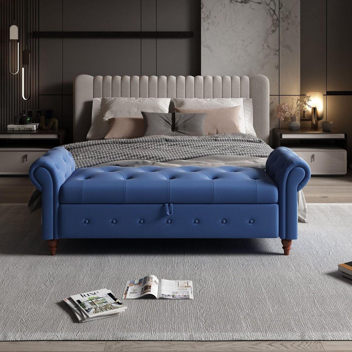 Bed Bench Navy Blue Fabric