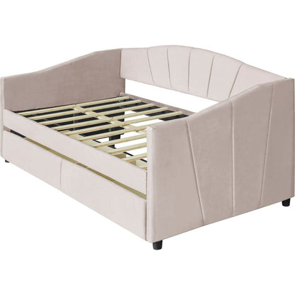 Upholstered daybed Twin Size with Two Drawers and Wood Slat, Beige