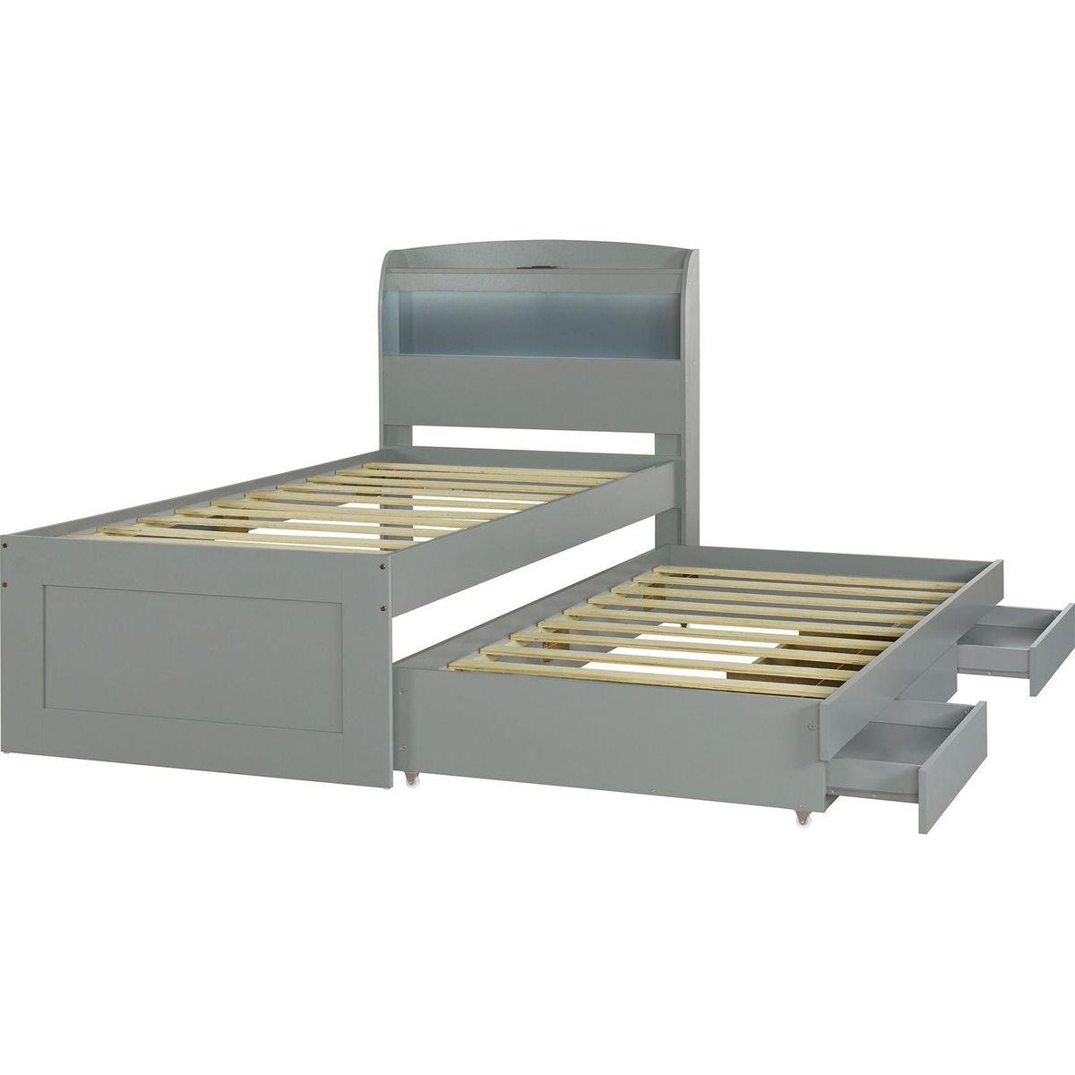 Twin XL Size Platform Bed with Storage LED Headboard, Charging Station, Twin Size Trundle and 2 Drawers, Gray