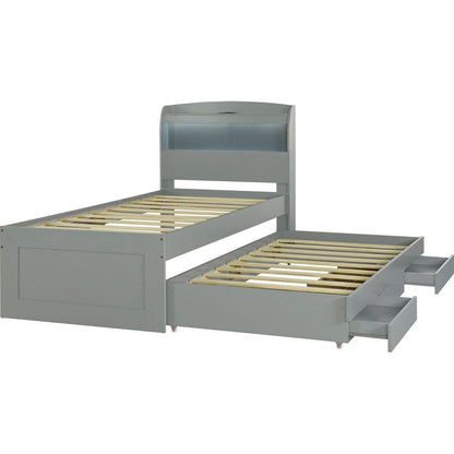 Twin XL Size Platform Bed with Storage LED Headboard, Charging Station, Twin Size Trundle and 2 Drawers, Gray