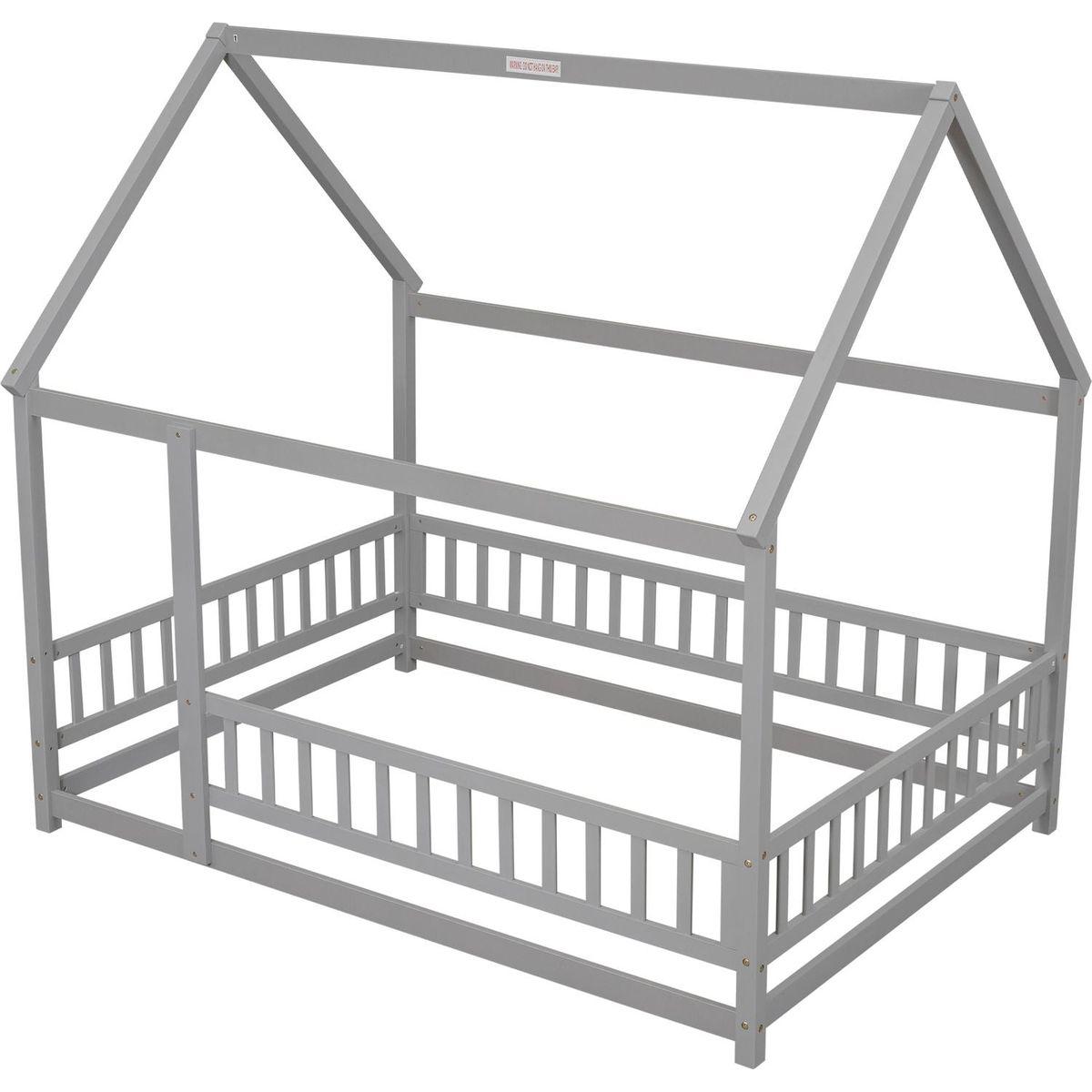 Full Size Floor Wooden Bed with House Roof Frame, Fence Guardrails, Grey