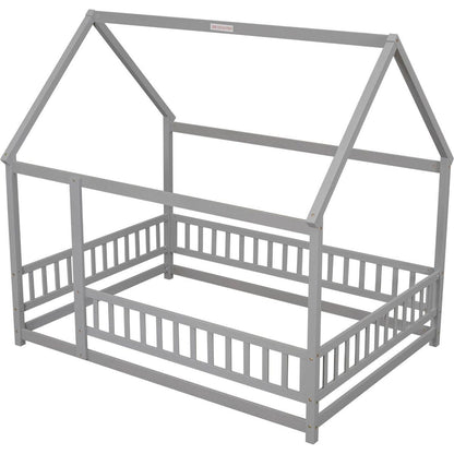 Full Size Floor Wooden Bed with House Roof Frame, Fence Guardrails, Grey