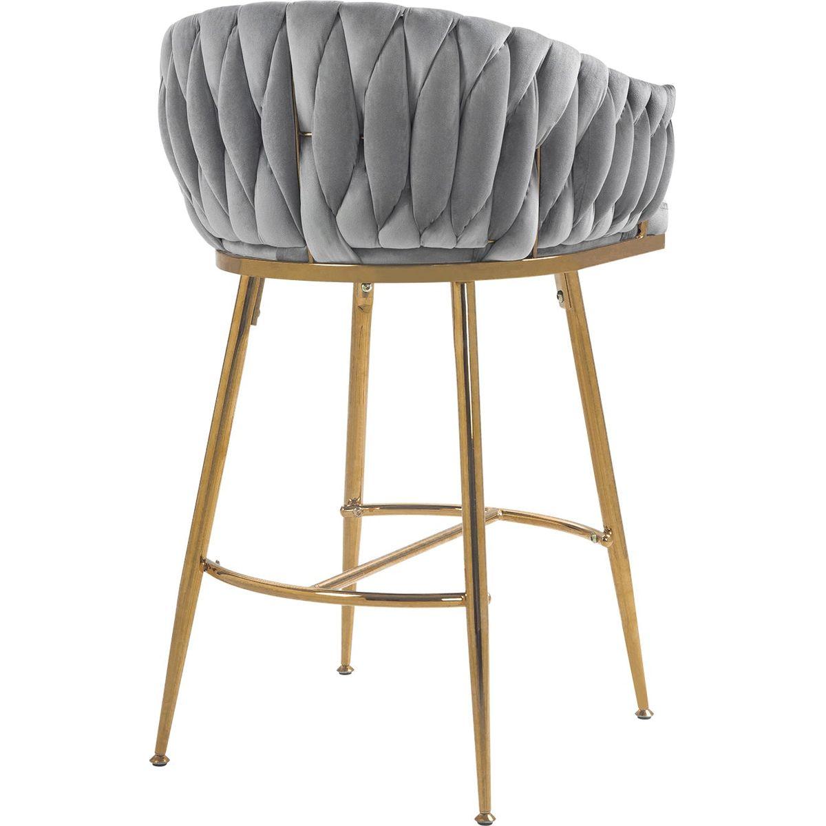 26" Counter height bar stools Set of 2,velvet kitchen island counter bar stool with hand- wave back,golden chromed base and foot rest(GREY)