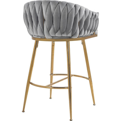 26" Counter height bar stools Set of 2,velvet kitchen island counter bar stool with hand- wave back,golden chromed base and foot rest(GREY)