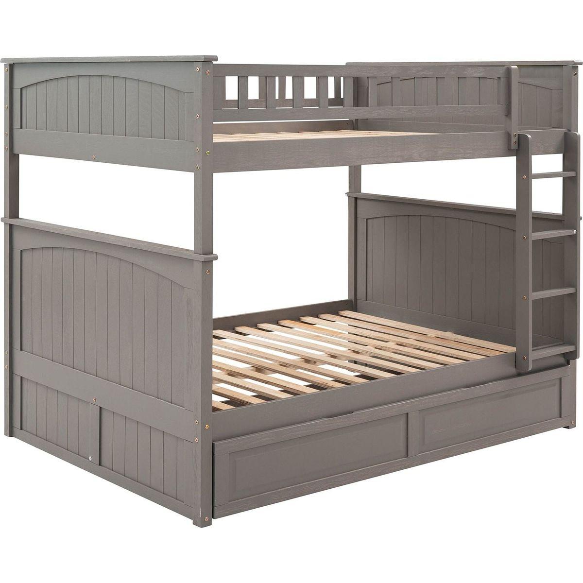 Full Over Full Bunk Bed with Twin Size Trundle, Pine Wood Bunk Bed with Guardrails, Brushed Gray