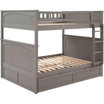 Full Over Full Bunk Bed with Twin Size Trundle, Pine Wood Bunk Bed with Guardrails, Brushed Gray