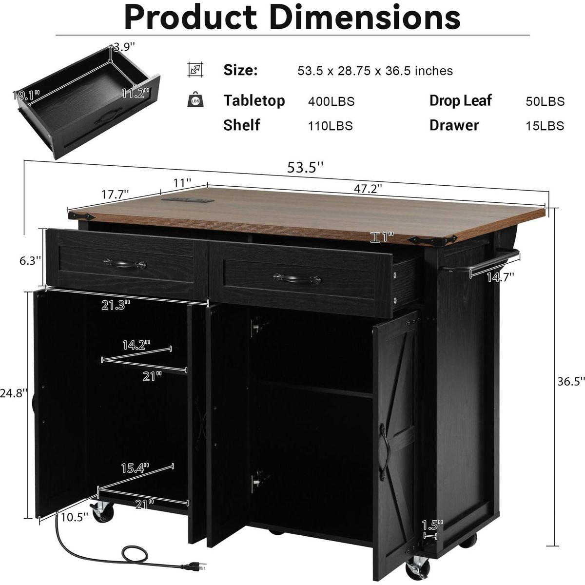 53.5"Farmhouse Kitchen Island with Power Outlet, Kitchen Storage Island with Drop Leaf, Spice Rack and Drawer, Rolling Kitchen Cart on Wheels, for Home, Kitchen and Dining Room, Black