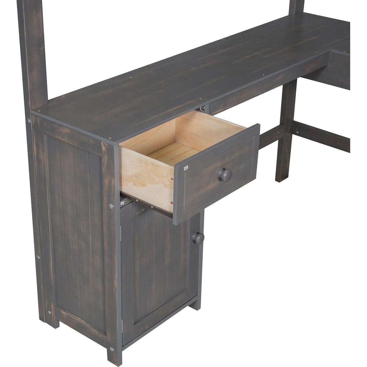 Full Size Loft Bed with U-shaped Desk, Drawers and Storage Shelves, Antique Brown