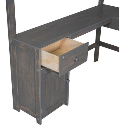 Full Size Loft Bed with U-shaped Desk, Drawers and Storage Shelves, Antique Brown