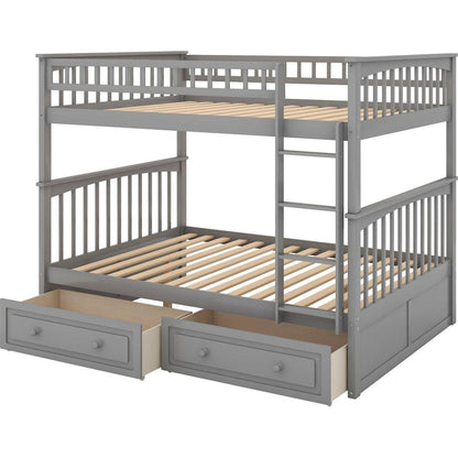 Full over Full Bunk Bed with Drawers, Convertible Beds, Gray