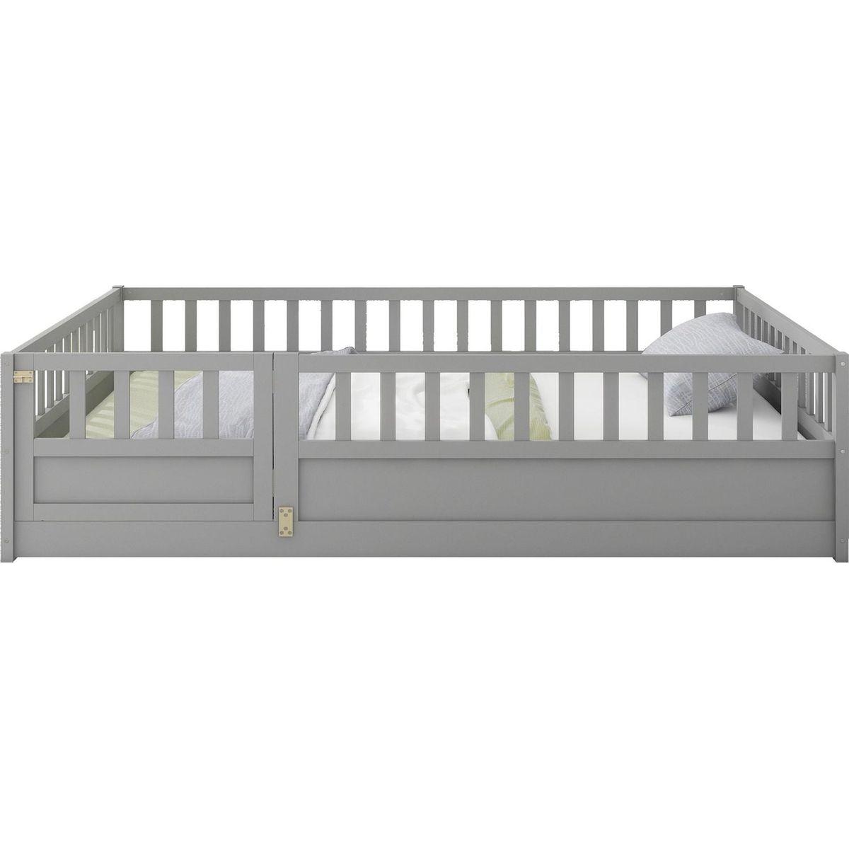 Full size Floor bed, integral construction with super high security barrier, door, children's floor bed frame, Montessori wooden children's floor bed, Grey