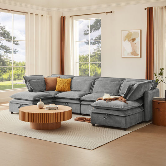 U_Style Double-Layer Cushion Modern Large U-Shaped Modular Sofa, Freely Combinable 6-Seater with Storage Function, Convertible to Sofa Bed, Perfect for Living Rooms, Offices, and Apartments