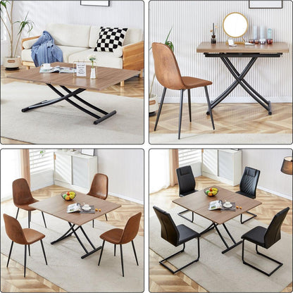 Modern minimalist multifunctional lifting table, 0.8-inch wood grain craft sticker desktop, black metal legs. Paired with 4 faux leather upholstered dining chairs with black metal legs