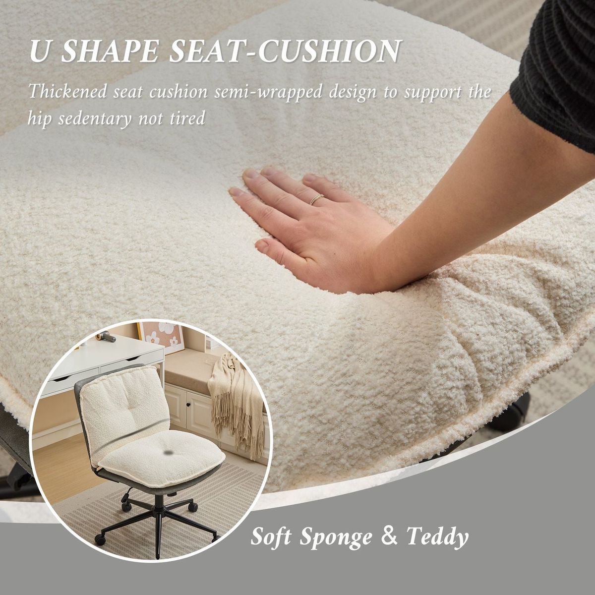 Oversize Seat Cirss Cross Chair with Wheels, Elegant Design Computer Chair, Adjustable Height 360 Rolling Swivel Home Office Chair for Small Space, Dressing Room, Living Room (GRAY+WHITE)