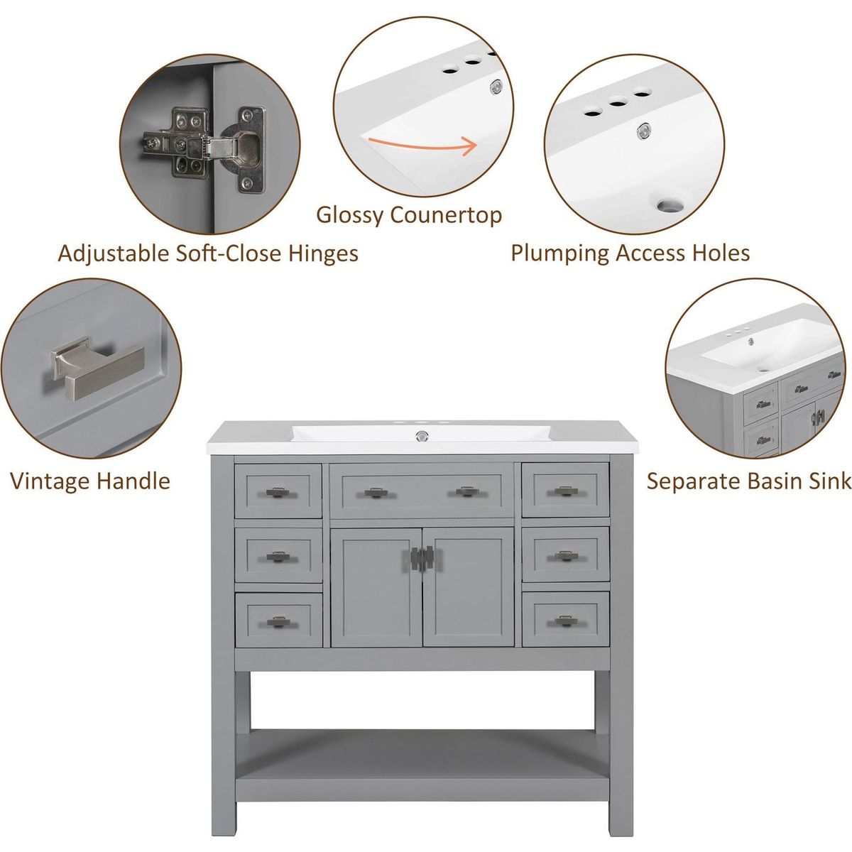 36" Bathroom Vanity with Top Sink, Modern Bathroom Storage Cabinet with 2 Soft Closing Doors and 6 Drawers, Single Sink Bathroom Vanity