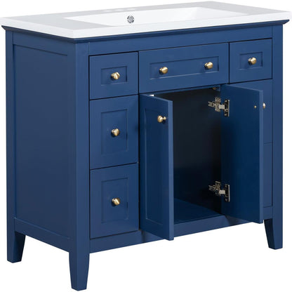 36" Bathroon Vanity with Resin Sink Combo Set, Modern Freestanding Single Bathroom Cabinet with 6 Drawers & 2 Cabinets, Storage Cabinet for Bathroom, Solid Wood Frame Vanity Set, Blue