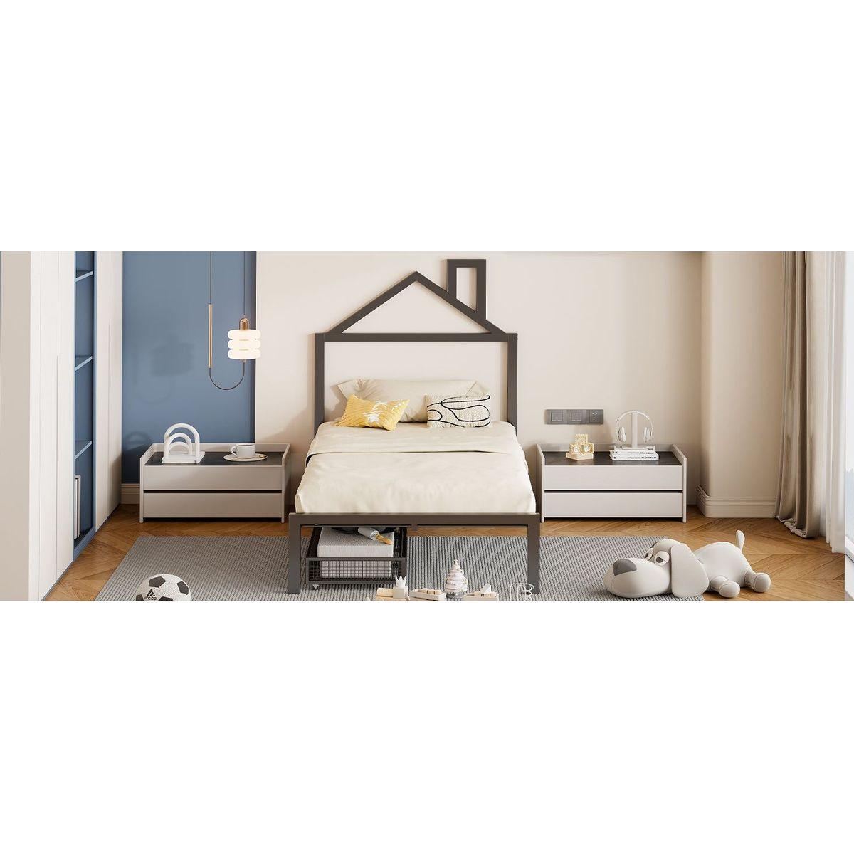 Twin Size Metal Platform Bed with two drawers,House-Shaped Headboard Design, Black
