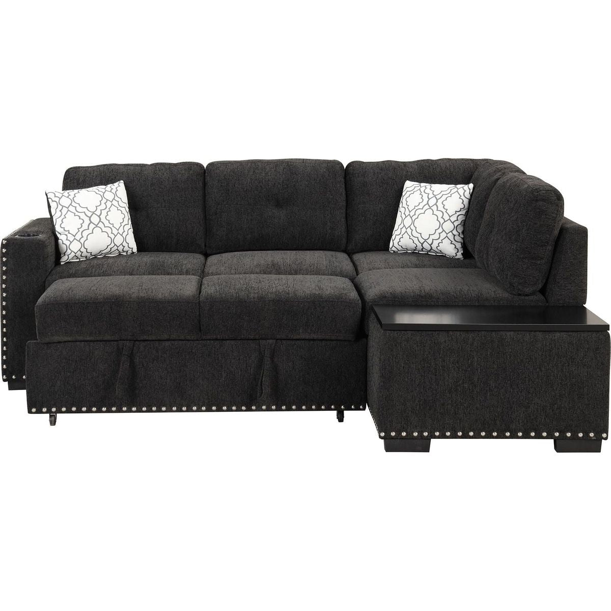 83.8" Reversible Sectional Pull-Out Sofa Bed L-Shaped Corner Sofa Couch with Storage Chaise, USB Ports, Power Sockets, Cup Holder for Living Room, Bedroom, Study, Black