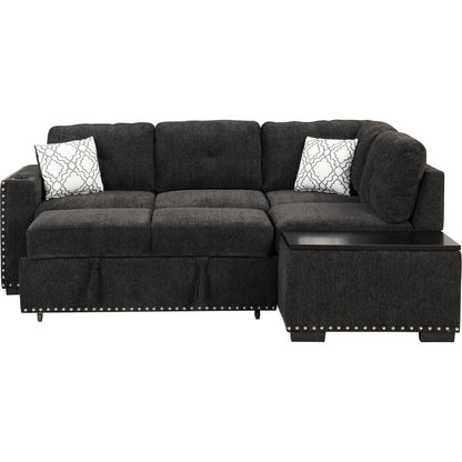 83.8" Reversible Sectional Pull-Out Sofa Bed L-Shaped Corner Sofa Couch with Storage Chaise, USB Ports, Power Sockets, Cup Holder for Living Room, Bedroom, Study, Black