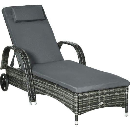 Wicker Outdoor Chaise Lounge, 5-Level Adjustable Backrest PE Rattan Pool Lounge Chair with Wheels, Cushion & Headrest, Mixed Gray and Charcoal Gray