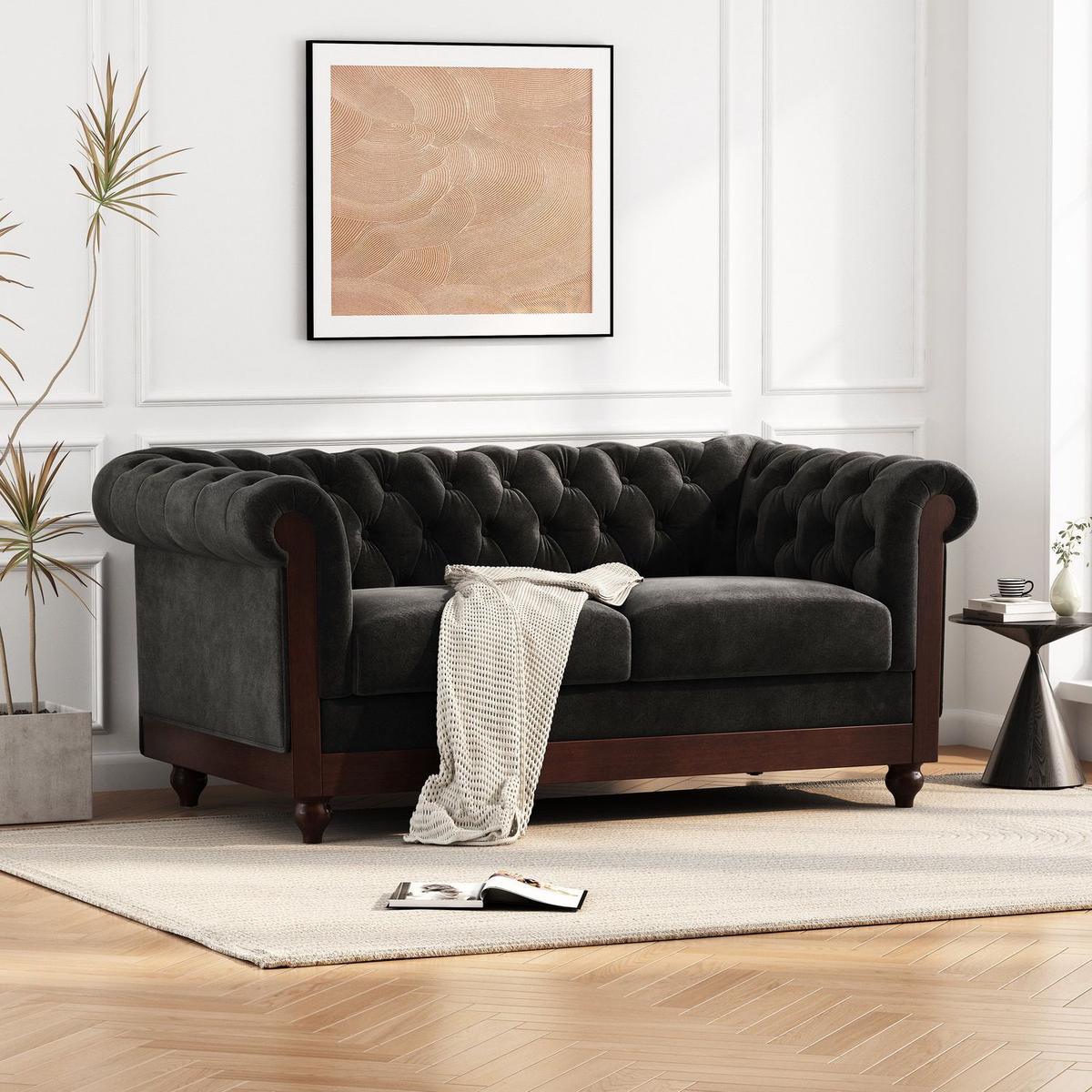 VIVALUX 59.44" Chesterfield Velvet Loveseat Sofa,2-Person Rolled Arm Dutch Plush Upholstered Sofa Couch with Tufted Button for Living Room, Bedroom, Small Places,Black