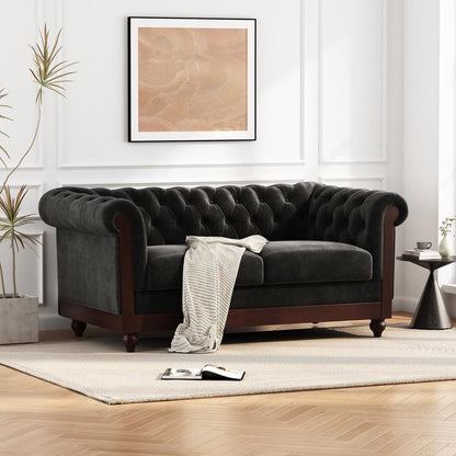 VIVALUX 59.44" Chesterfield Velvet Loveseat Sofa,2-Person Rolled Arm Dutch Plush Upholstered Sofa Couch with Tufted Button for Living Room, Bedroom, Small Places,Black