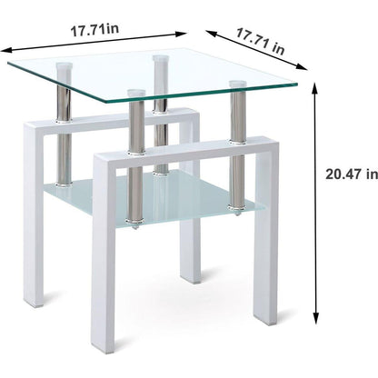 White Tempered Clear Glass End Table, 2-Layers Small Table with Storage, Living Room Side Table