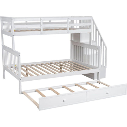 Twin-Over-Full Bunk Bed with Twin size Trundle, Storage and Guard Rail for Bedroom, Dorm, for Adults, White