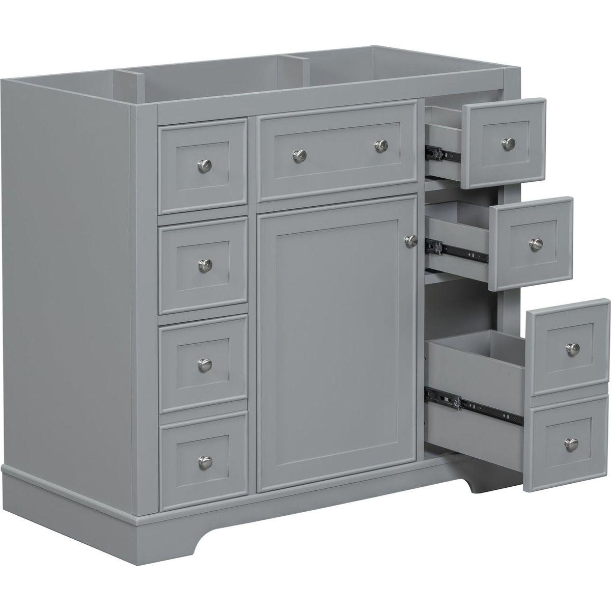 36" Bathroom Vanity without Sink, Cabinet Base Only, One Cabinet and Six Drawers, Grey