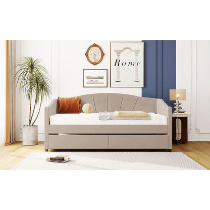 Upholstered daybed Twin Size with Two Drawers and Wood Slat, Beige