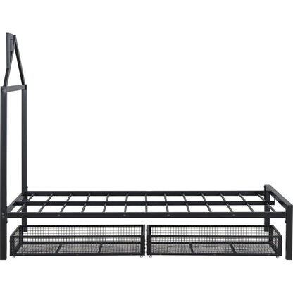 Twin Size Metal Platform Bed with two drawers,House-Shaped Headboard Design, Black