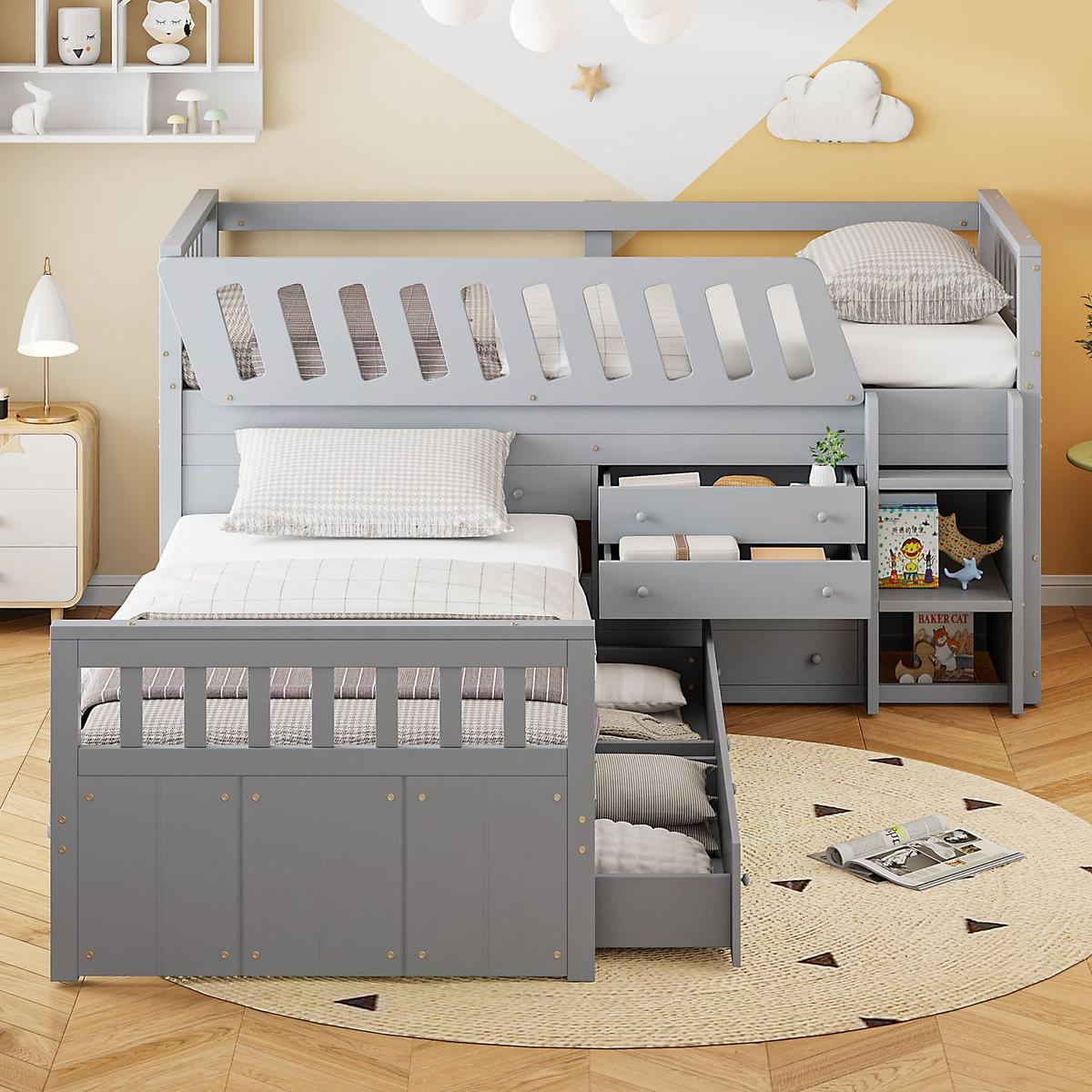L-shaped Space-Saving Twin Loft and Twin Platform Bed with 7 Drawers and Full Guardrails(GRAY)