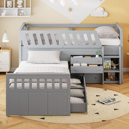 L-shaped Space-Saving Twin Loft and Twin Platform Bed with 7 Drawers and Full Guardrails(GRAY)