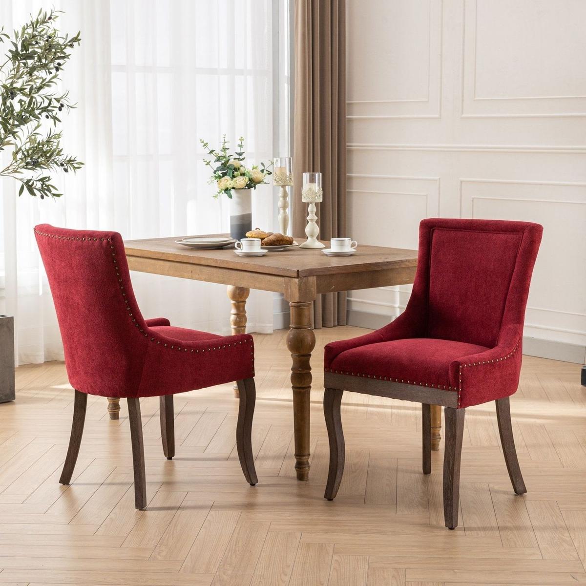 Ultra Side Dining Chair,Thickened fabric chairs with neutrally toned solid wood legs,Bronze nail head,Set of 2,Wine Red,Burgundy