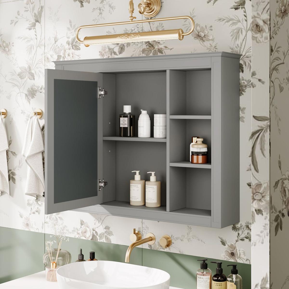 35" x 27.5" Medicine Cabinet, Wall Mounted Bathroom Storage Cabinet, Modern Bathroom Wall Cabinet with Mirror, Mirror Cabinet with 6 Open Shelves (Not Include Bathroom Vanity)